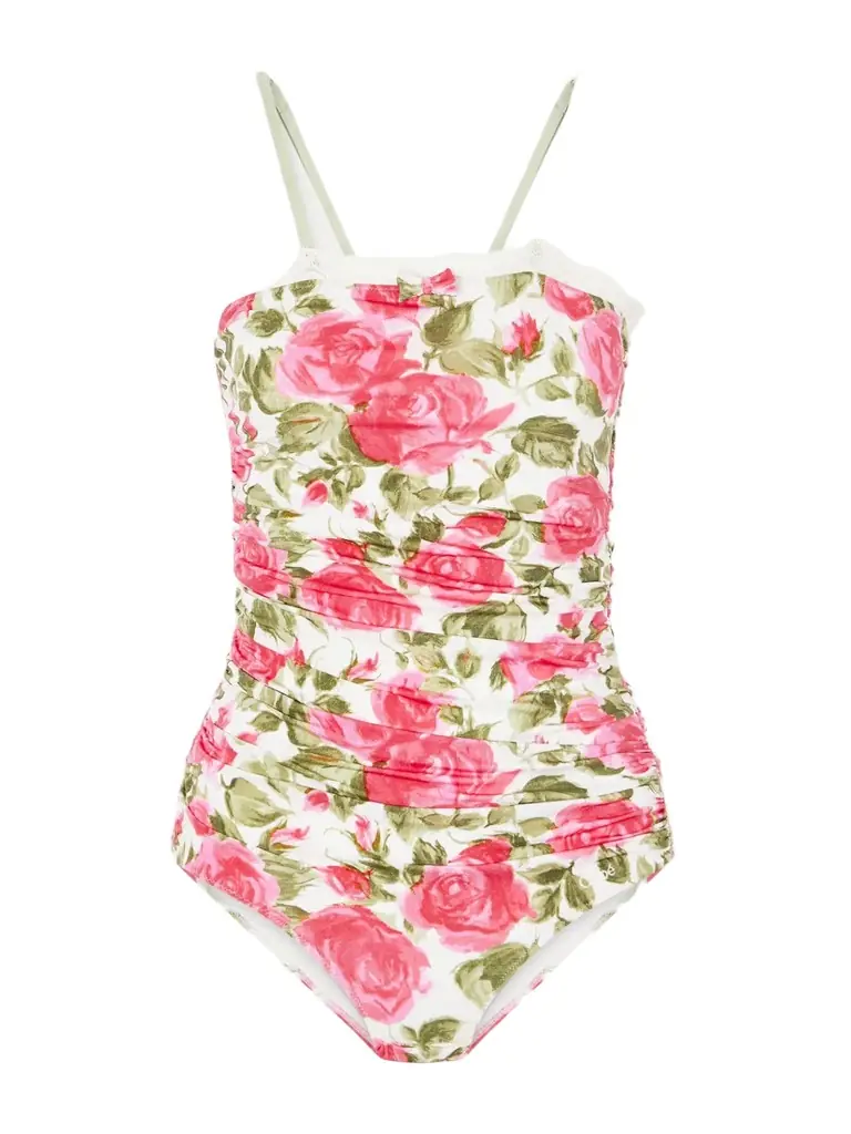 Chloé Bow-detailed Ruched Lace-trimmed Floral-print Swimsuit