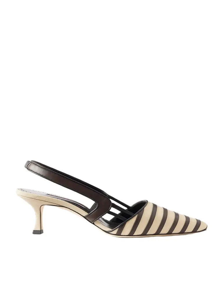 Manolo Blahnik Pelas 50 Leather-trimmed Canvas Slingback Pumps