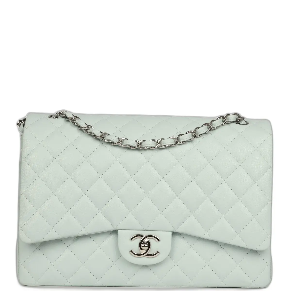 Chanel Chanel Maxi Classic Double Flap Bag Light Blue Shiny Caviar Silver Hardware
