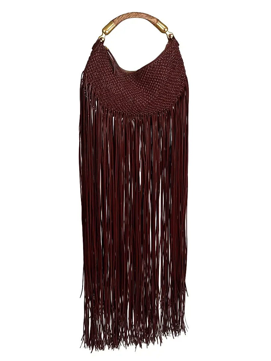 Balmain Women's Mini Ebene Fringe Woven Leather Top Handle Bag - Dark Brown