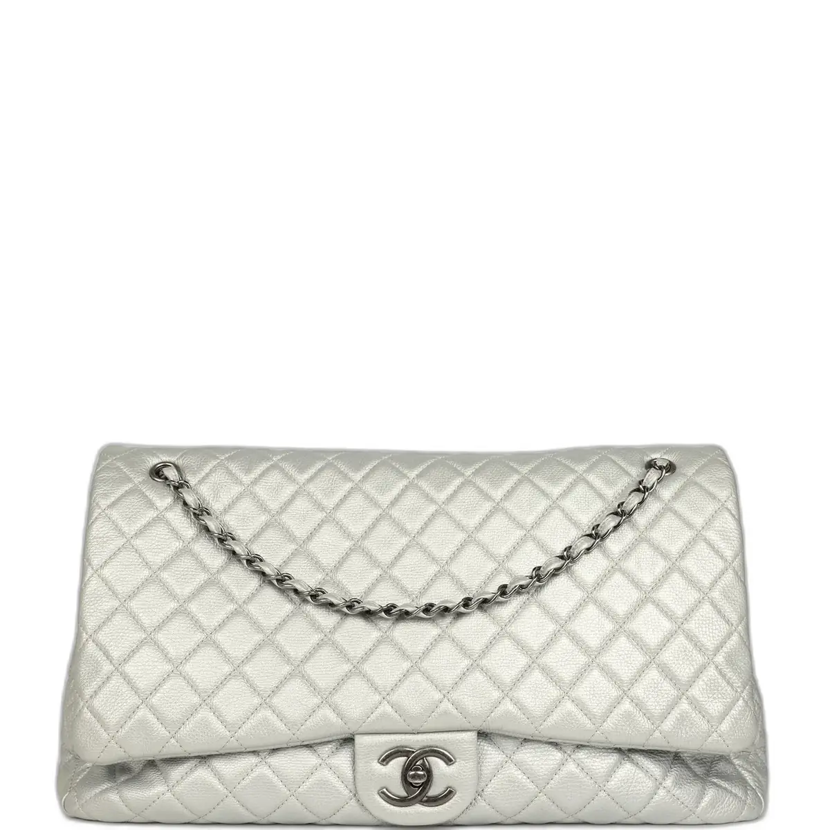 Chanel Pre-owned Chanel XXL Classic Single Flap Bag Silver Metallic Calfskin Aged Ruthenium Hardware