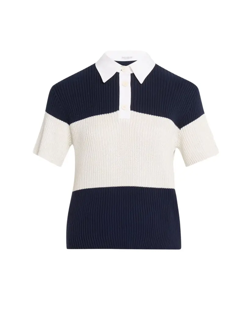 Brunello Cucinelli Shimmering Striped Cotton Rib Short-Sleeve Polo Sweater - Women's Clothing