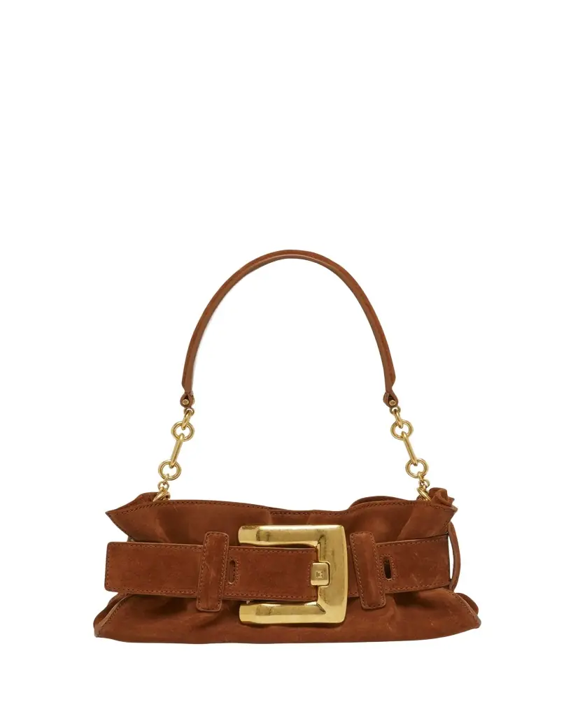 Balmain Anthem Mini Buckle Shoulder Bag in Suede