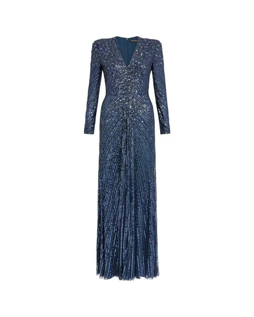 Jenny Packham Eve Embellished Strong-Shoulder Long-Sleeve Gown
