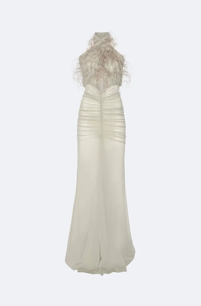 LAPOINTE Mesh Sleeveless Halter Ruched Gown With Feathers