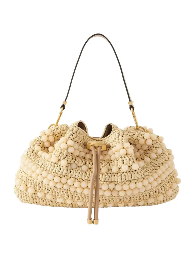 Jimmy Choo Cinch Beaded Leather-trimmed Woven Raffia Shoulder Bag