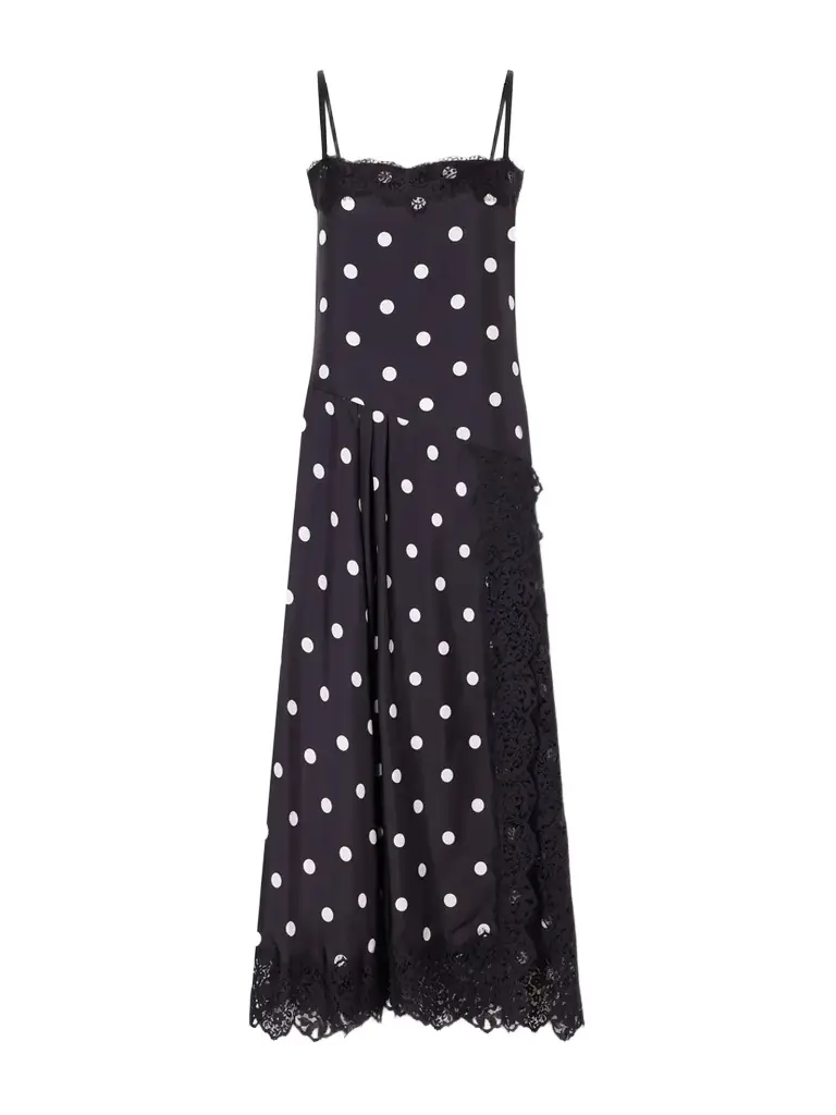 Sportmax Polka-dot Pleated Lace-trimmed Silk Maxi Dress