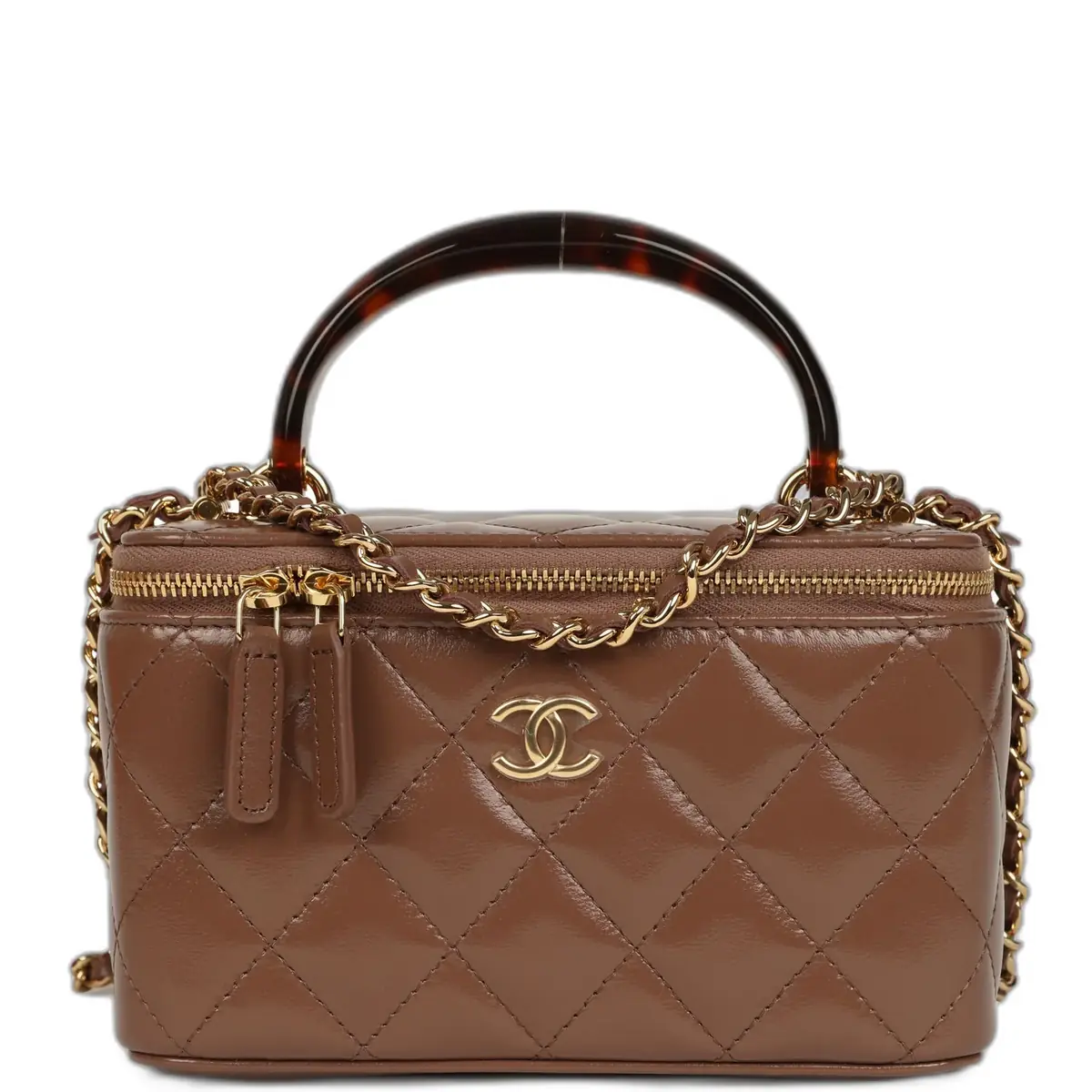 Chanel Chanel Small Tortoiseshell Top Handle Vanity Case Brown Shiny Lambskin Light Gold Hardware