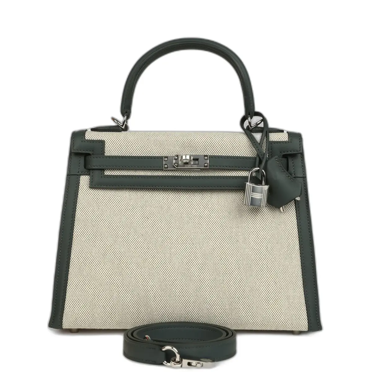 hermes Hermes Kelly Sellier 25 Vert Mangrove and Ecru & Vert Amande Toile H Canvas Palladium Hardware