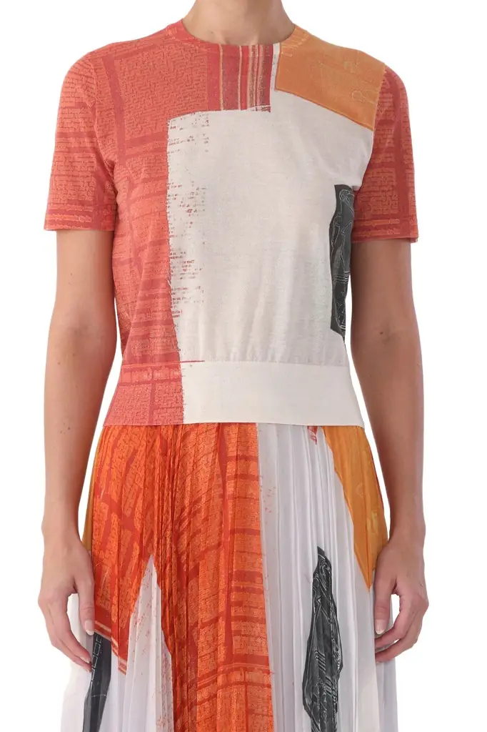 Jason Wu Collection SHORT SLEEVE KNIT TOP WITH CAT PAWS ARTWORK BY ROBERT RAUSCHENBERG