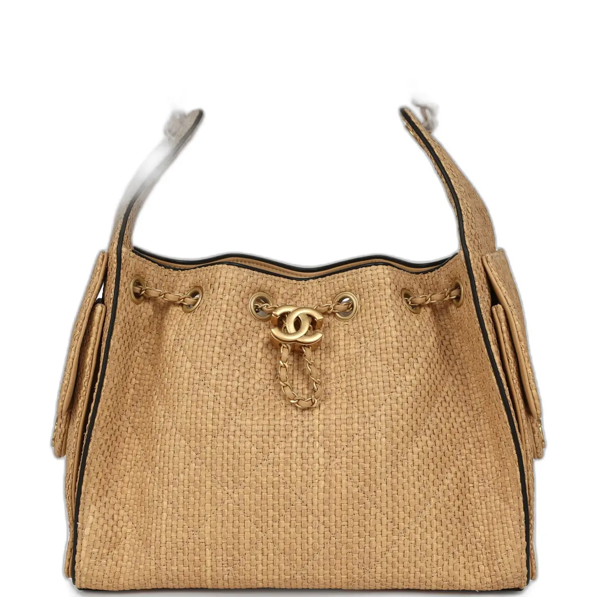 Chanel Chanel Small 25 Hobo Bag Beige Raffia and Black Calfskin Antique Gold Hardware