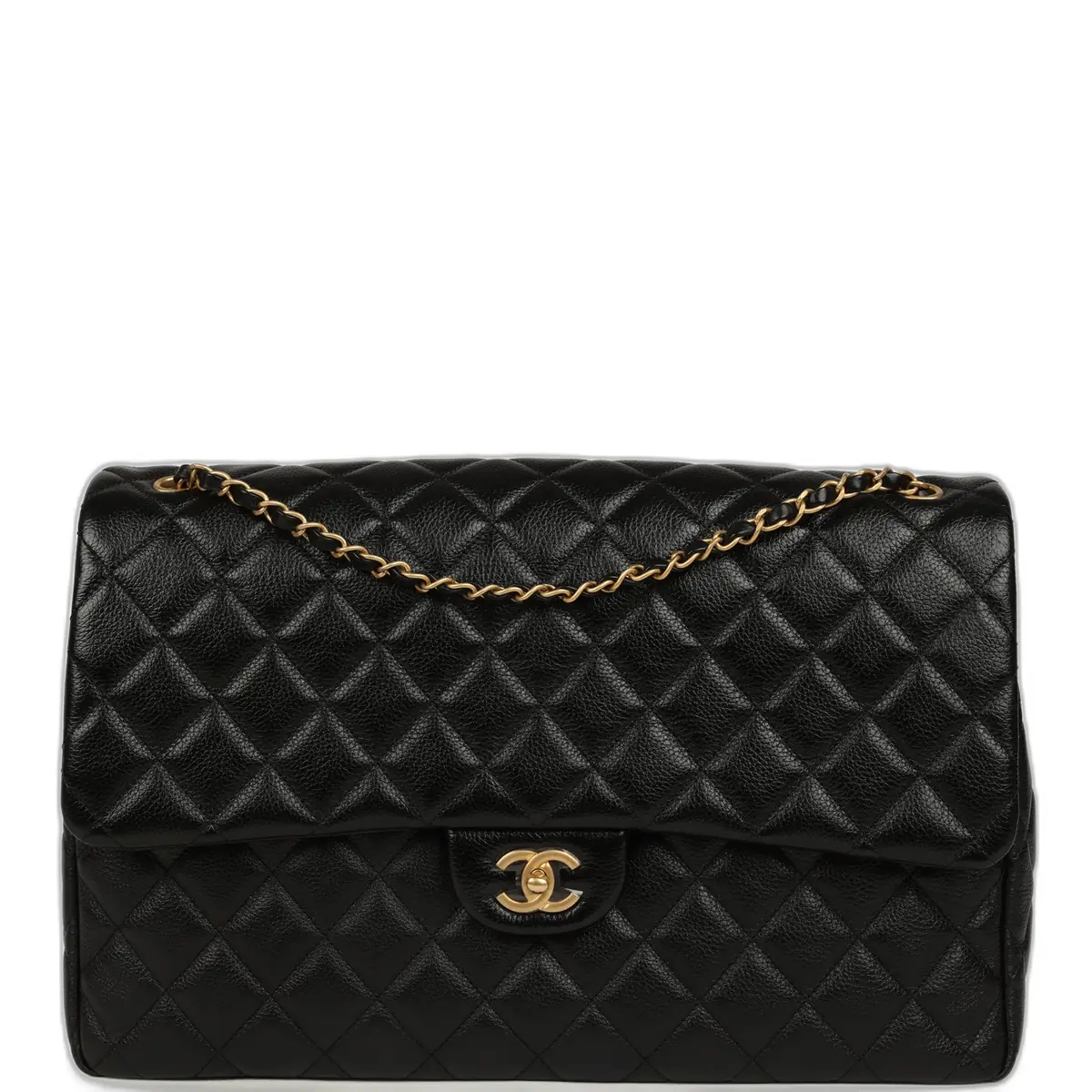 Chanel Chanel XXL Classic Single Travel Flap Bag Black Shiny Aged Calfskin Brushed Gold Hardware