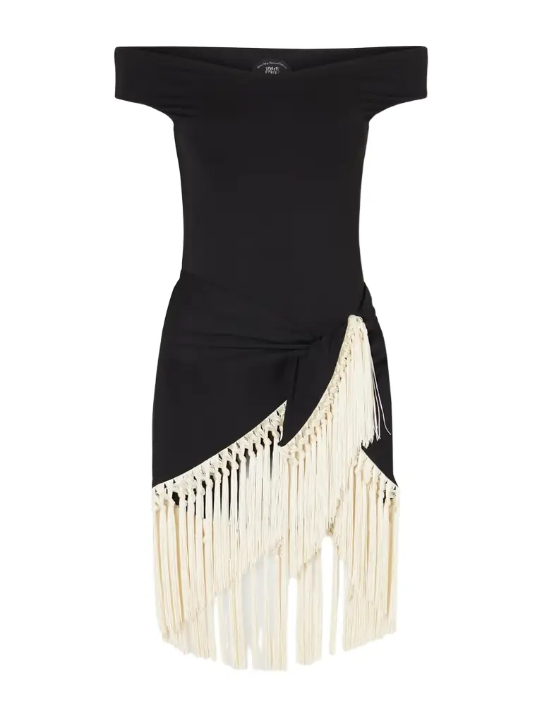 Taller Marmo Mini Romy Black Fringed Off-shoulder Swimsuit