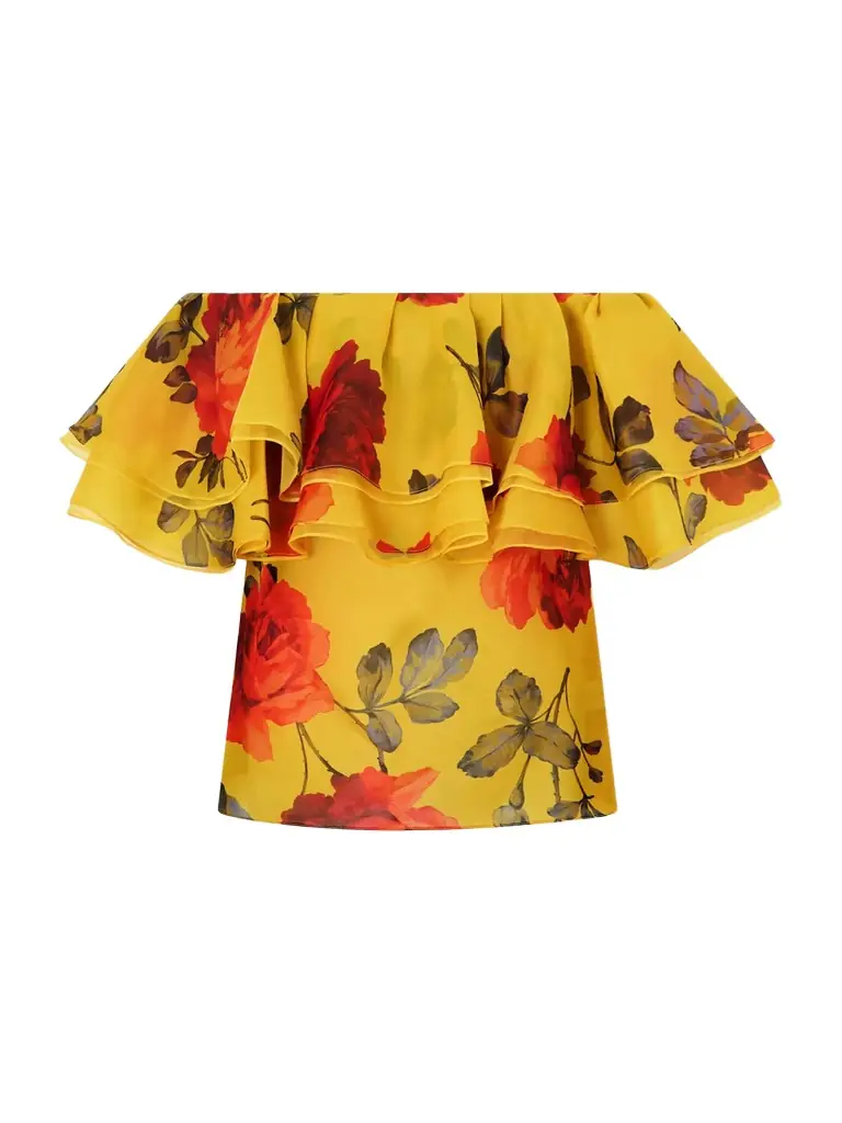 Carolina Herrera Off-the-shoulder Ruffled Floral-print Silk-organza Top