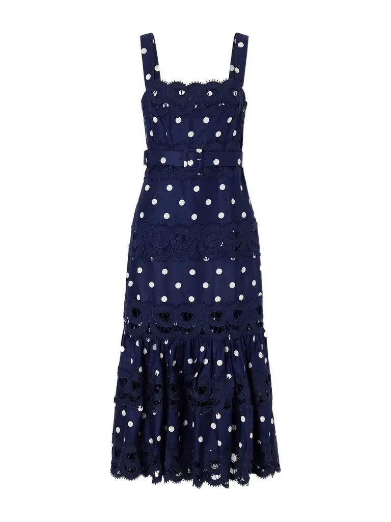 Self-Portrait Belted Polka-dot Linen And Cotton-blend Midi Dress