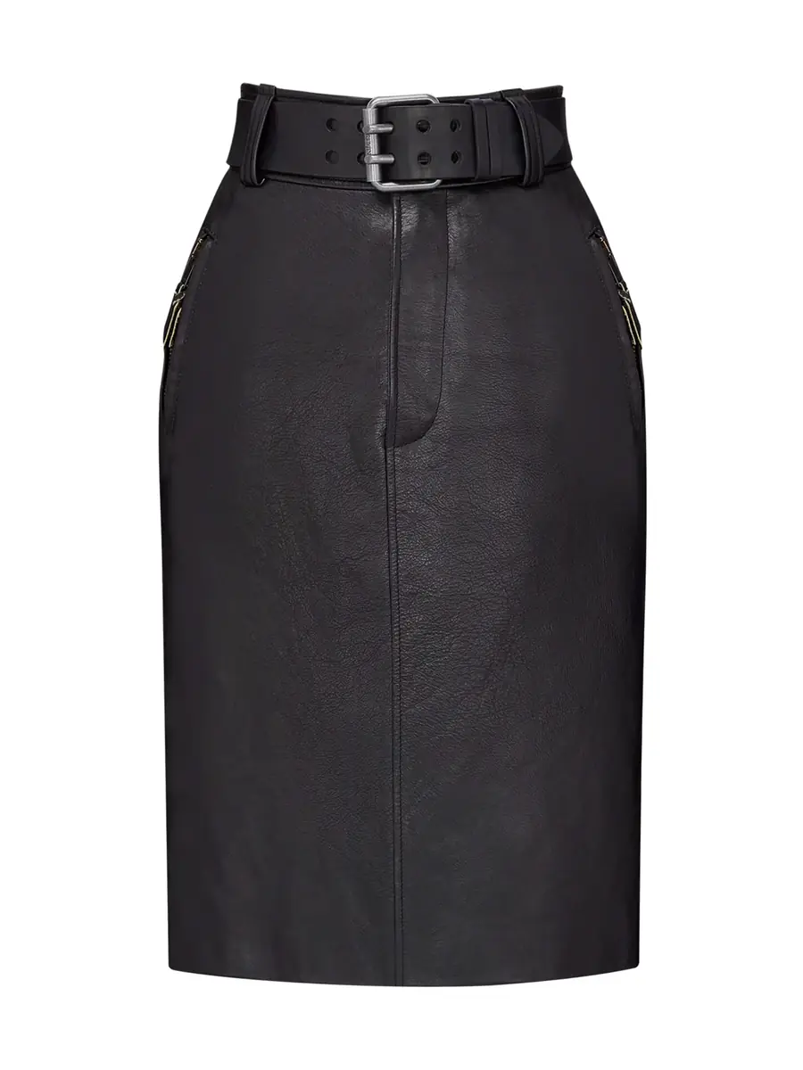 Saint Laurent Grained Leather Belted Pencil Skirt