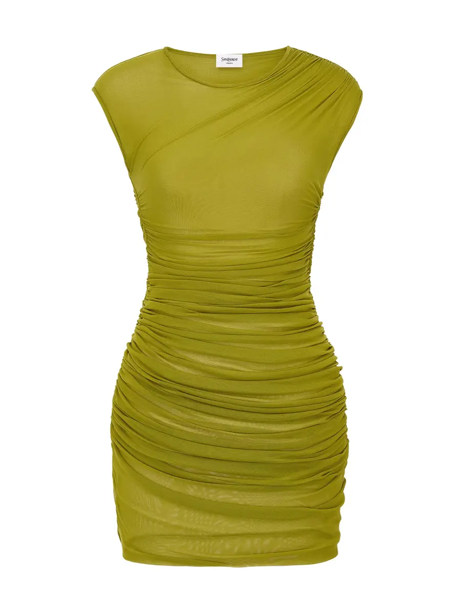 Saint Laurent Ruched Tulle Jersey Mini Dress
