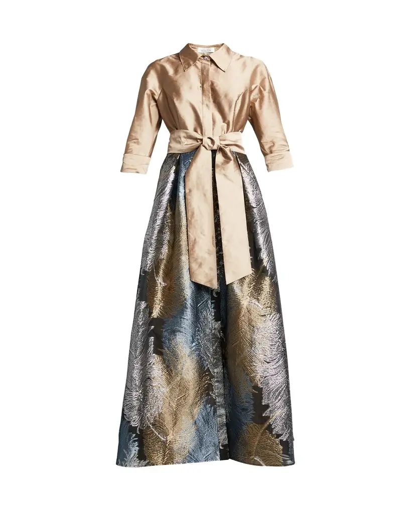 Rickie Freeman for Teri Jon Taffeta Shirtdress w/ Feather Metallic Jacquard
