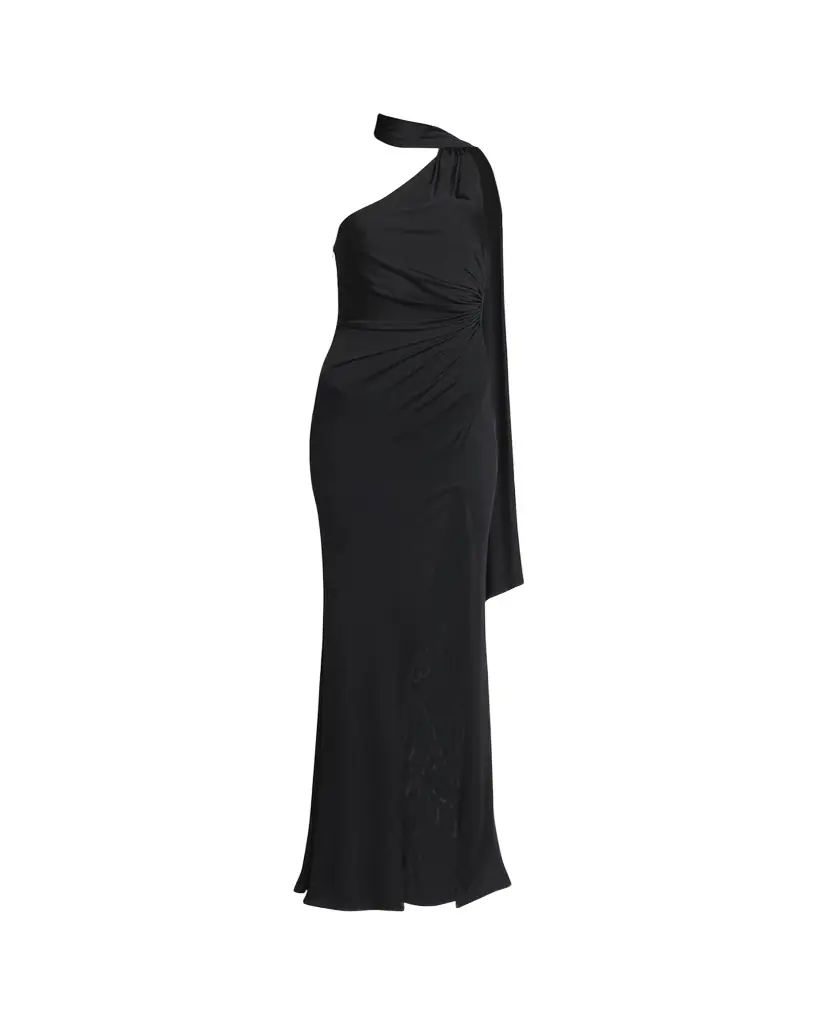 TOM FORD One-Shoulder Scarf-Neck Ruched Slit Gown
