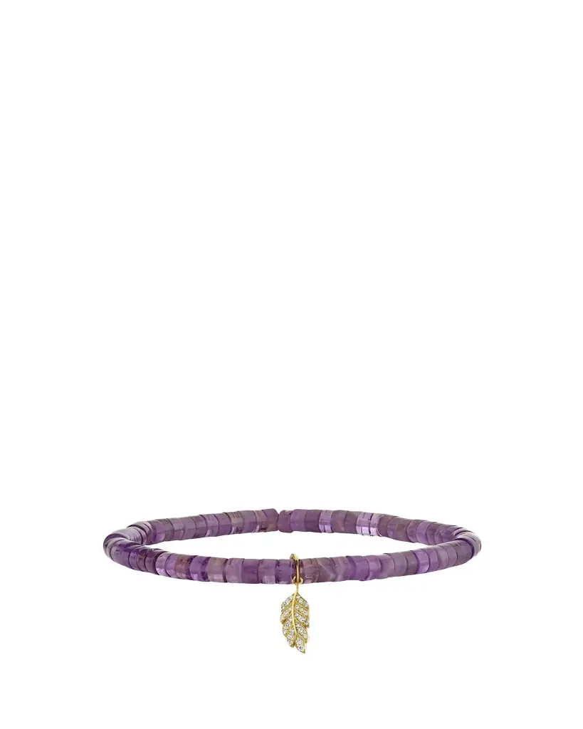 Sydney Evan 14K Gold Diamond Tiny Pave Feather on Amethyst Heishi Bracelet