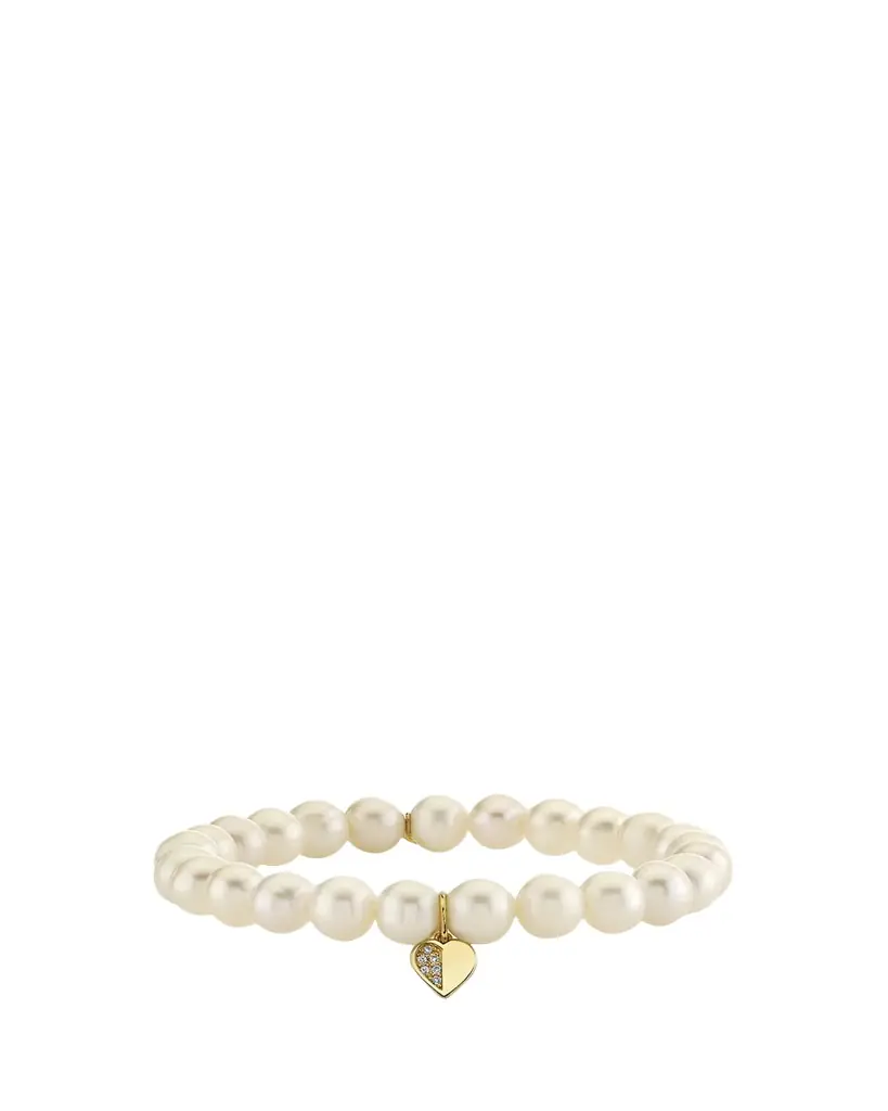 Sydney Evan 14K Half Pave Heart Charm on Pearl Stretch Bracelet