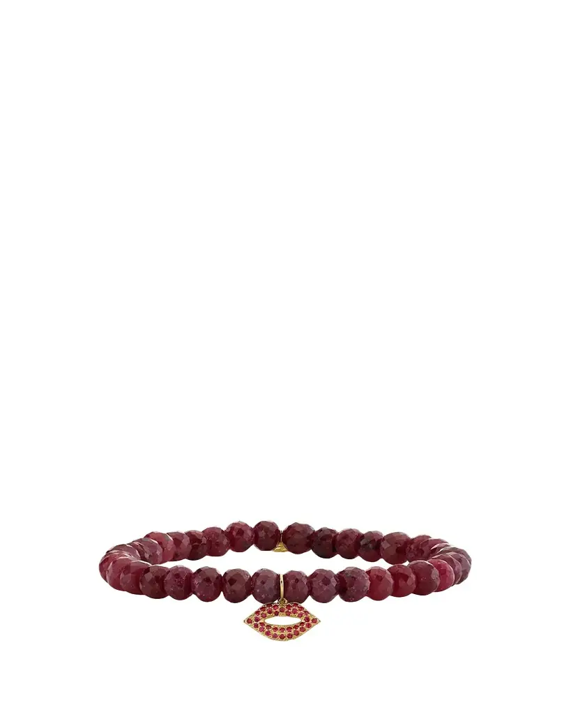 Sydney Evan 14K Small Ruby Lips on Red Corundum Stretch Bracelet