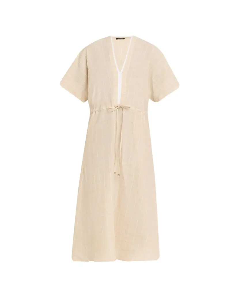 Kiton Drawstring Metallic Check Linen Midi Dress