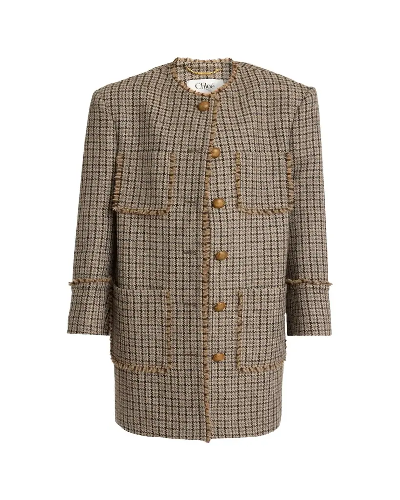 Chloe Fringed Houndstooth Wool Oversized Jacket