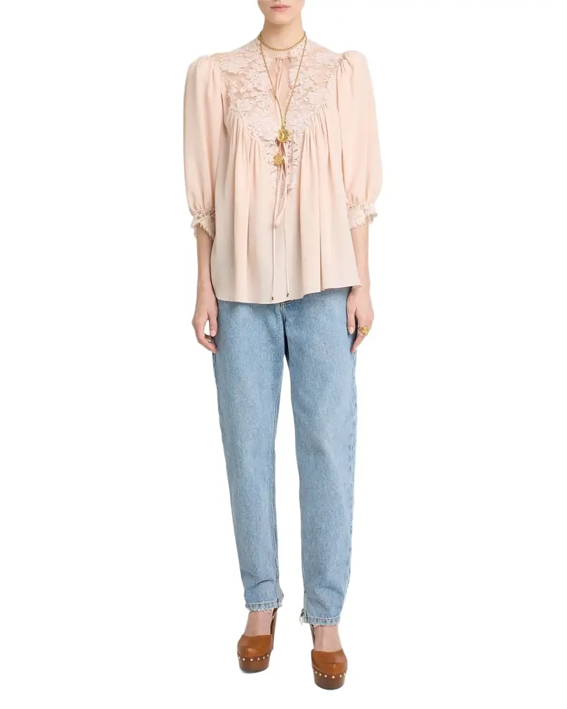 Chloe Lace-Trim Puff-Sleeve Organic Silk Crepe De Chine Top