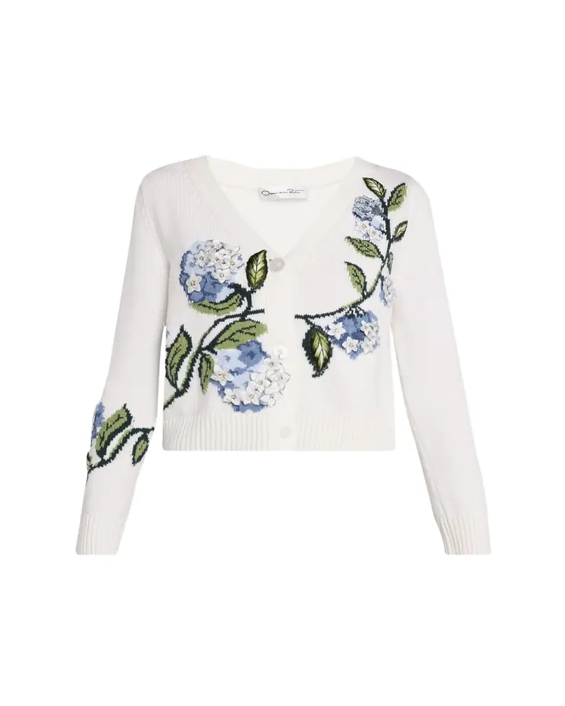 Oscar de la Renta Porcelain Flower Embroidered V-Neck Cardigan