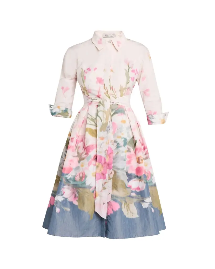 Rickie Freeman for Teri Jon Floral-Print Taffeta Midi Shirtdress