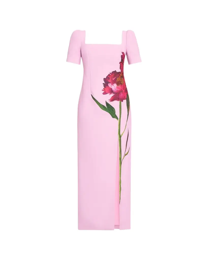 Rickie Freeman for Teri Jon Beaded Floral-Print Crepe Column Gown