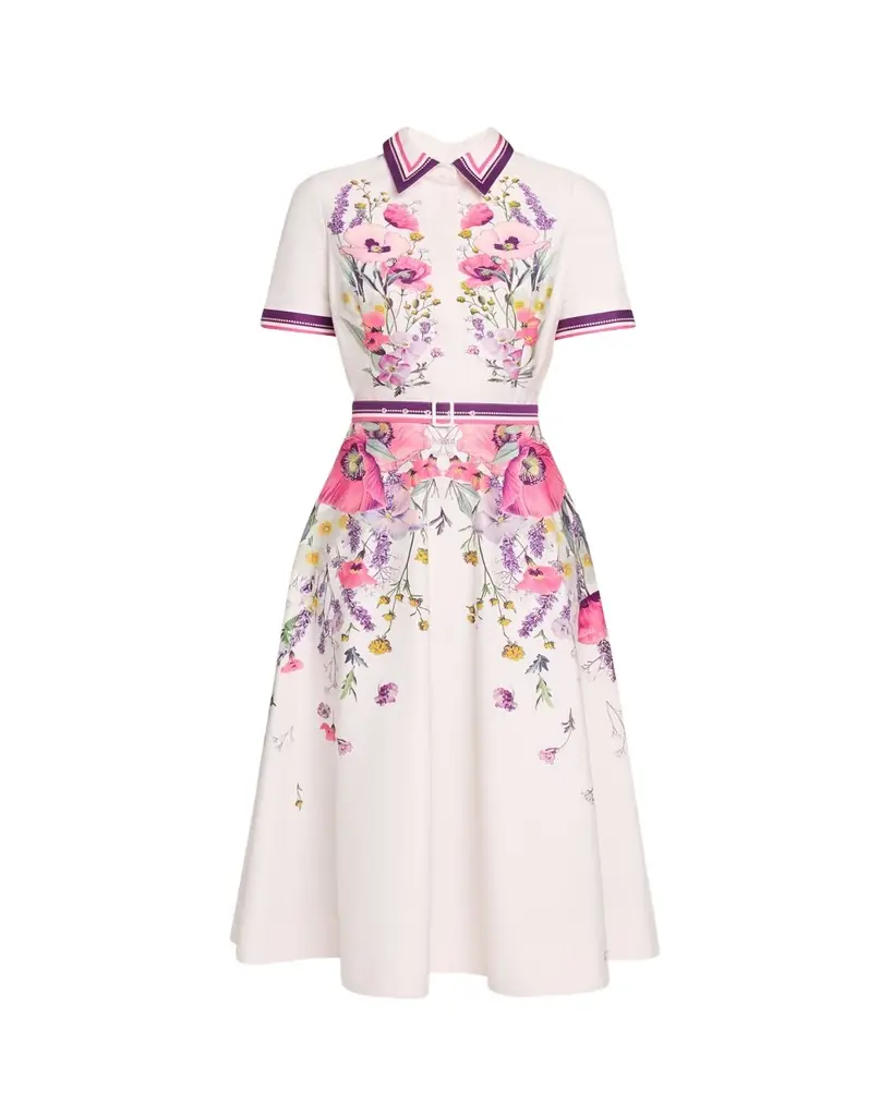 Rickie Freeman for Teri Jon Belted Floral-Print Cotton Midi Shirtdress