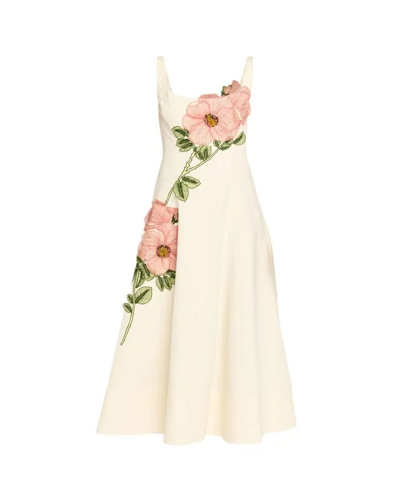 Lela Rose Peony Embroidered Sleeveless Midi Dress