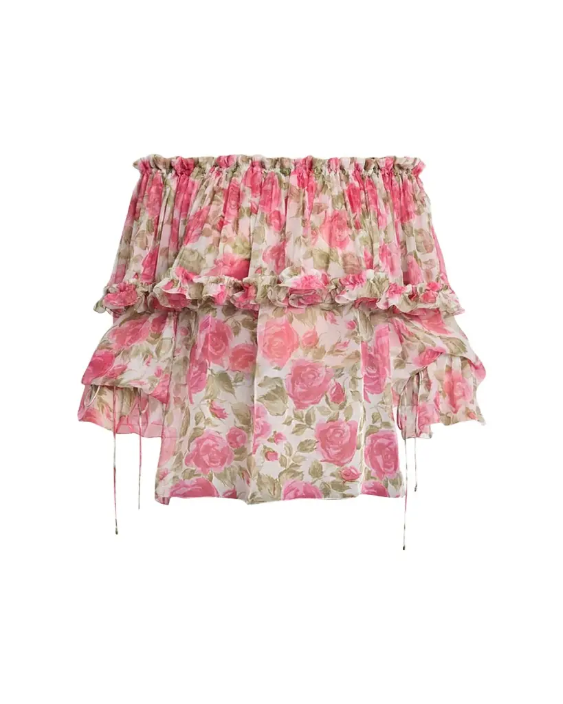Chloe Floral Silk Off-The-Shoulder Ruffle Top