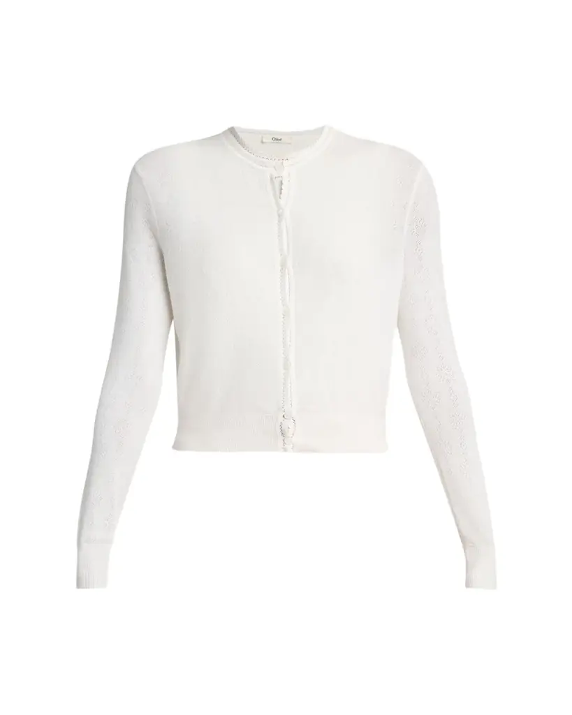 Chloe Pointelle Knit Crewneck Cardigan