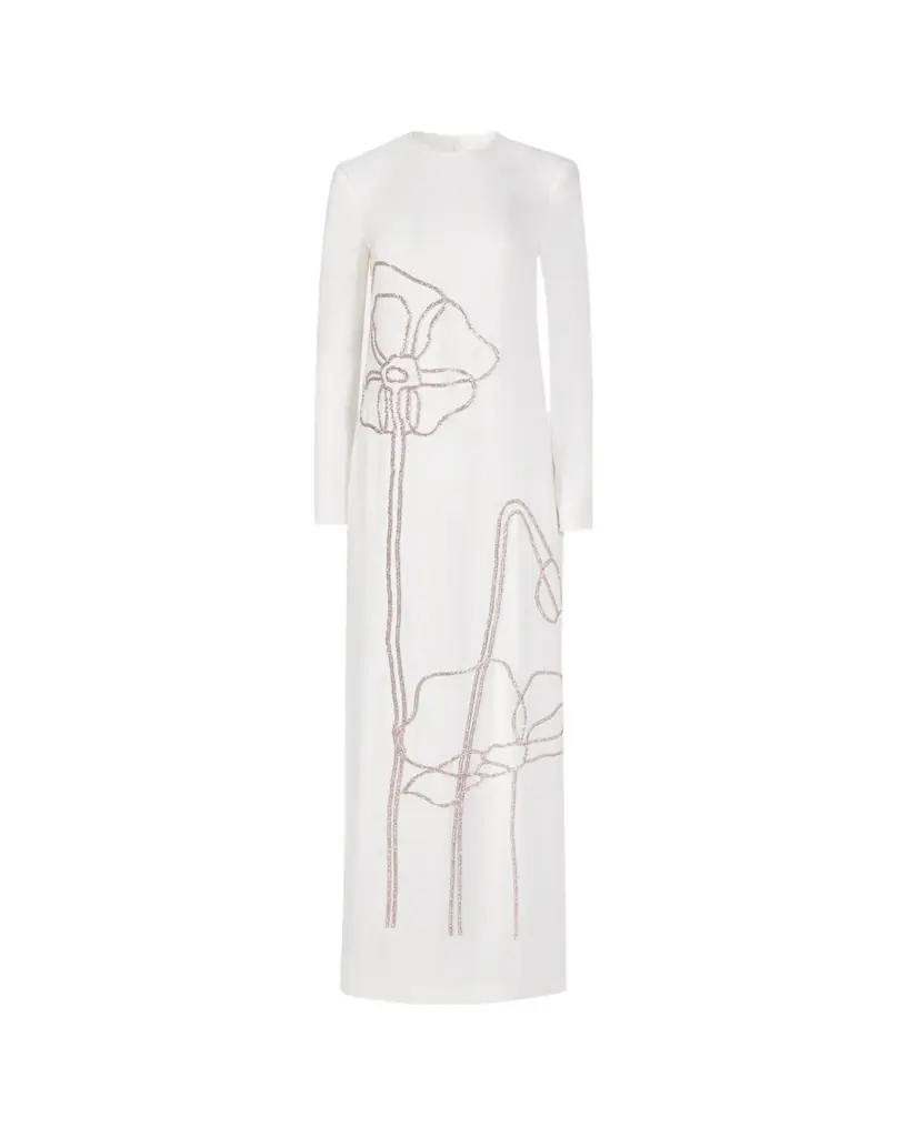Costarellos Zarie Crystal Flower Long-Sleeve Column Gown