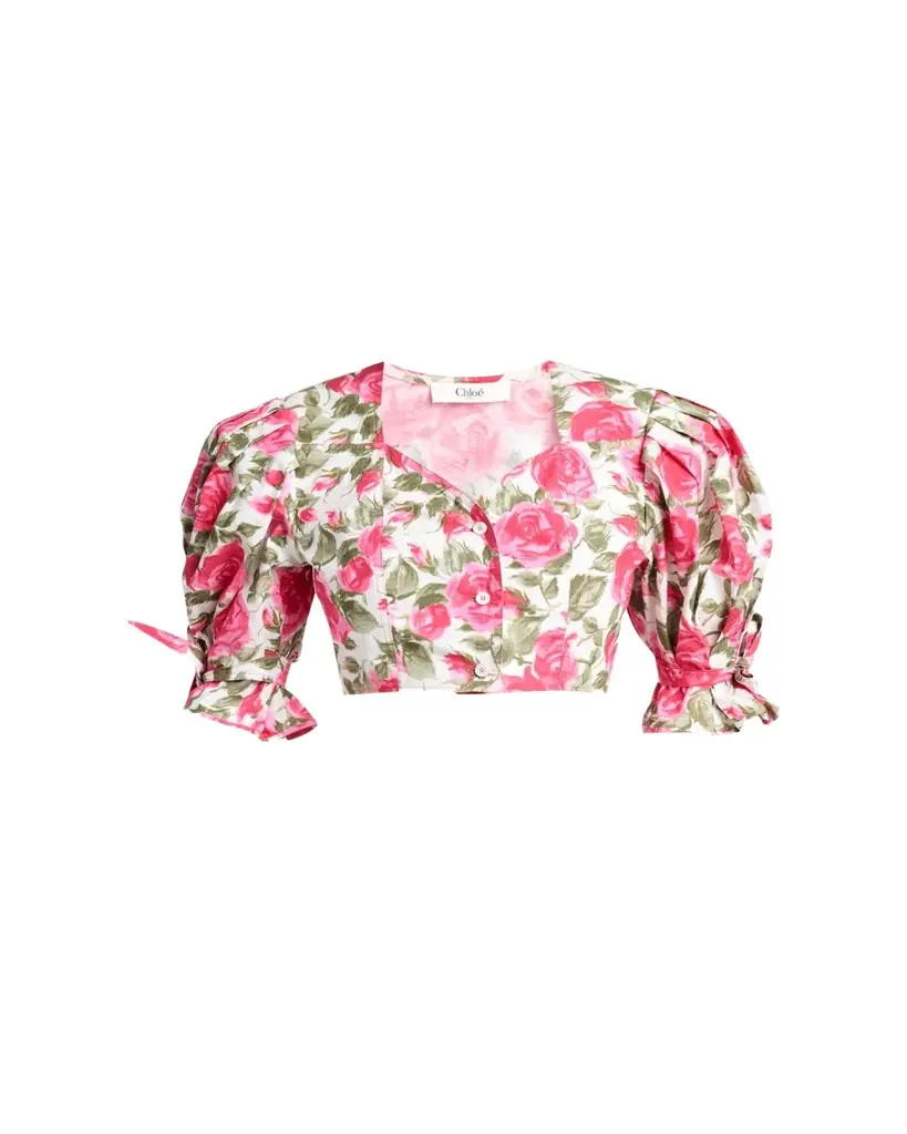 Chloe Floral Cotton Puff-Sleeve Button-Front Crop Top