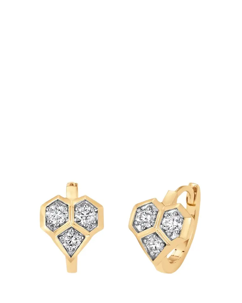 Sara Weinstock Honey Comb 18K Gold & Diamond Heart Huggie Earrings