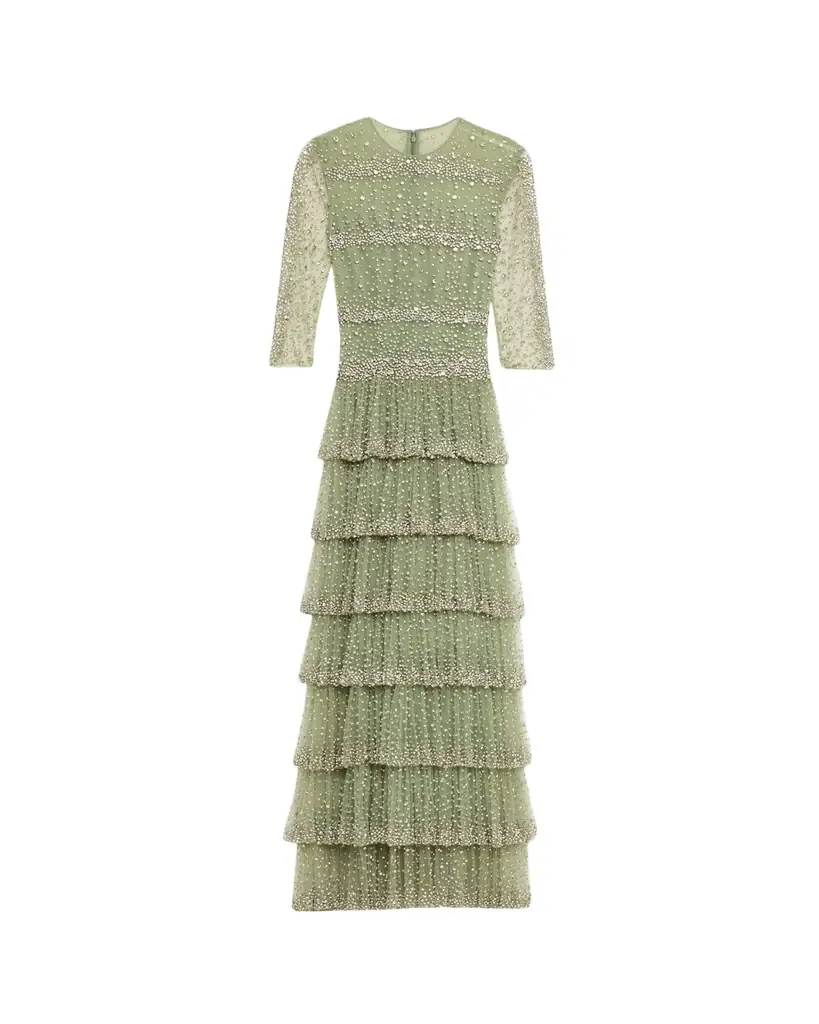 Costarellos Solene Crystal Tiered Ruffle Gown