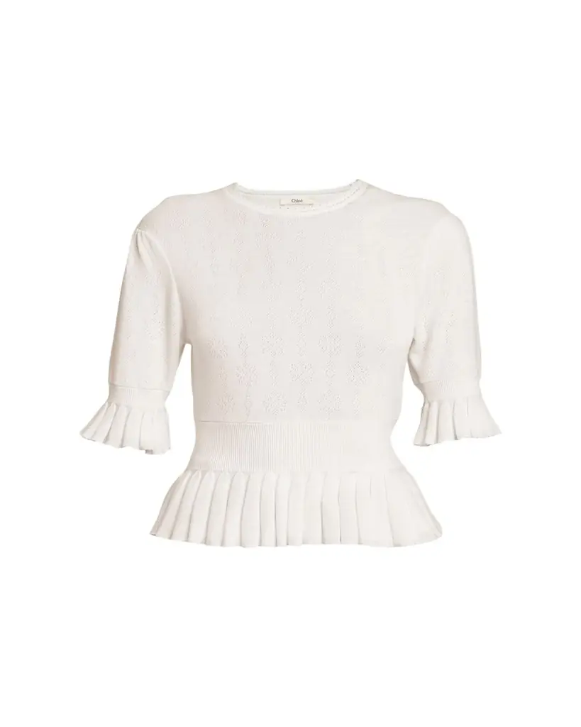 Chloe Short-Sleeve Pointelle Kit Ruffle Crewneck Sweater