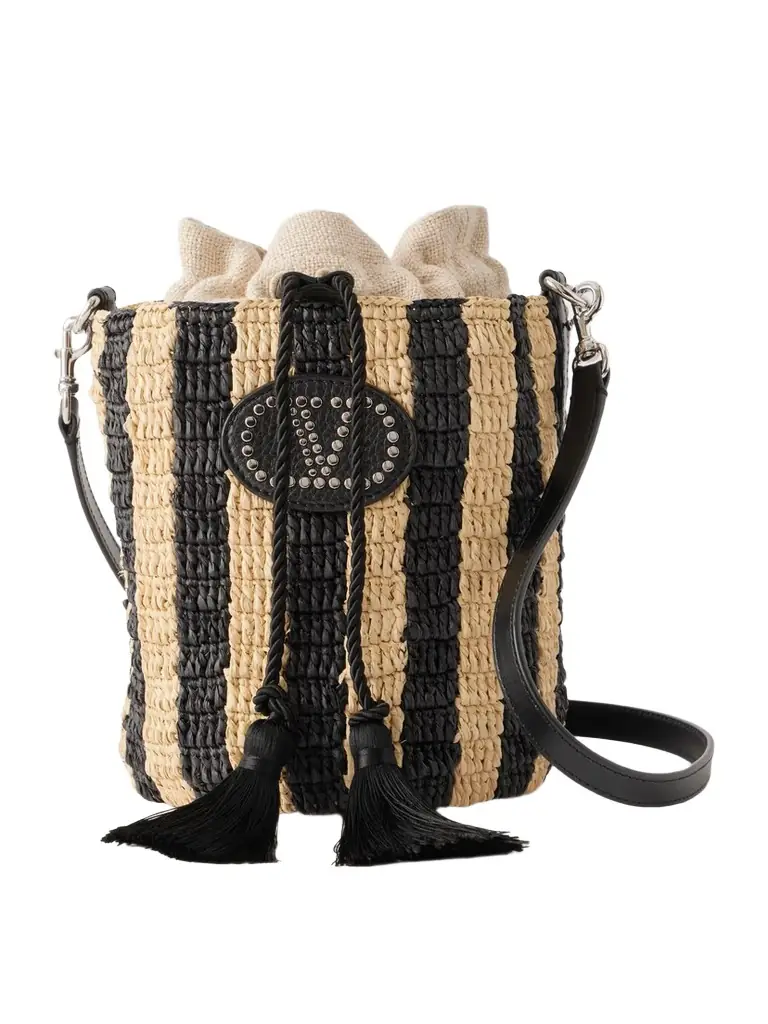 Valentino Garavani Embellished Striped Leather-trimmed Raffia Bucket Bag