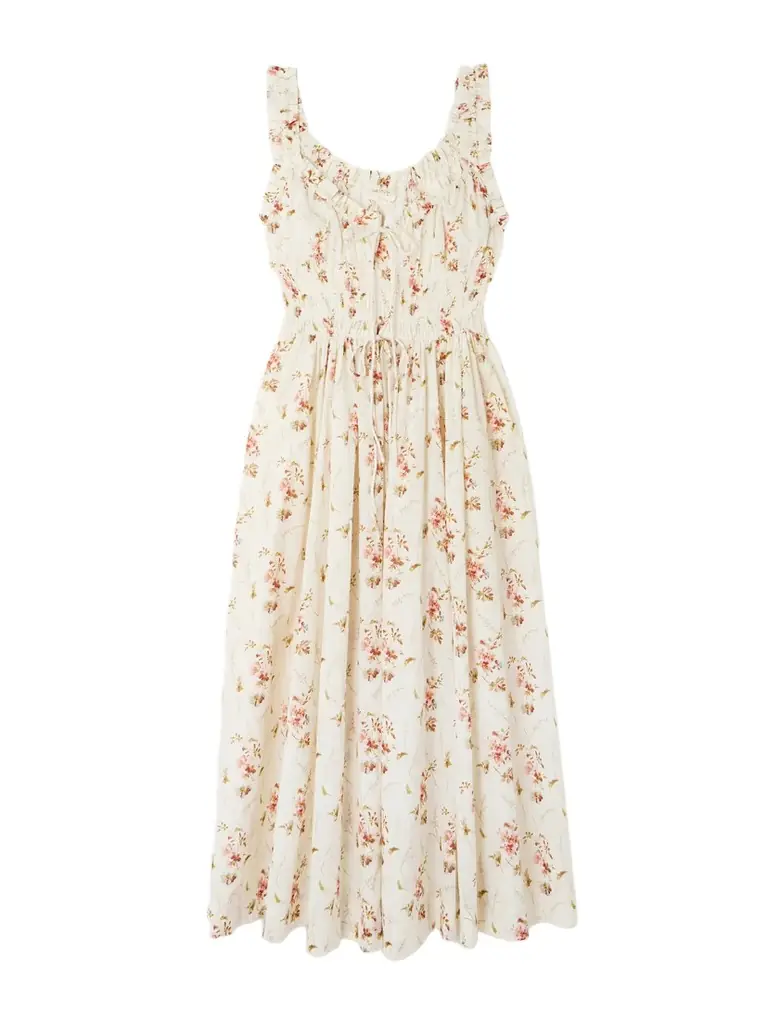 DÔEN Emmaretta Tie-detailed Shirred Floral-print Organic Cotton Midi Dress