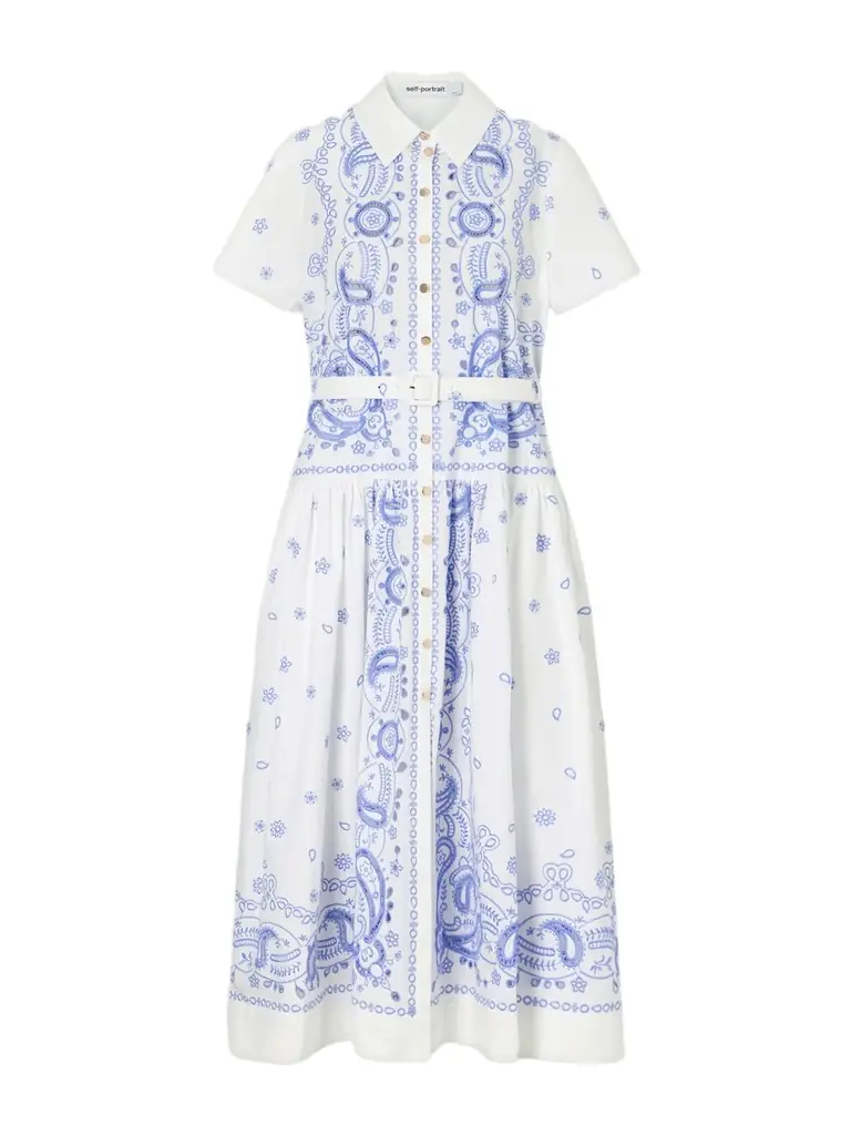 Self-Portrait Belted Embroidered Cotton-poplin Midi Shirt Dress