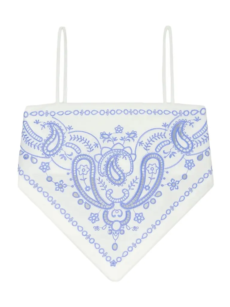 Self-Portrait Asymmetric Embroidered Linen And Cotton-blend Top