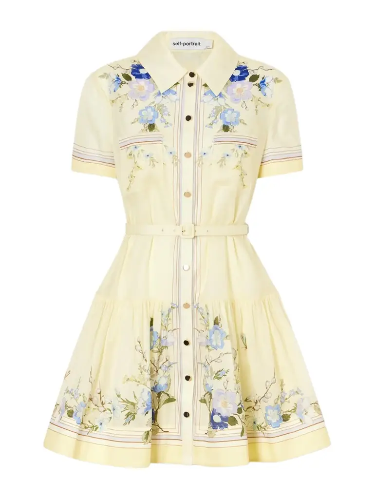 Self-Portrait Belted Floral-print Organza Mini Shirt Dress