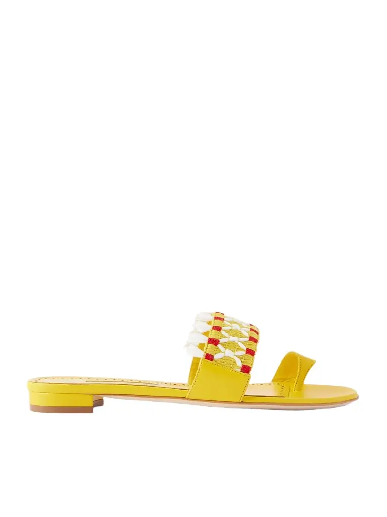 Manolo Blahnik Brava Raffia-trimmed Crocheted Leather Sandals
