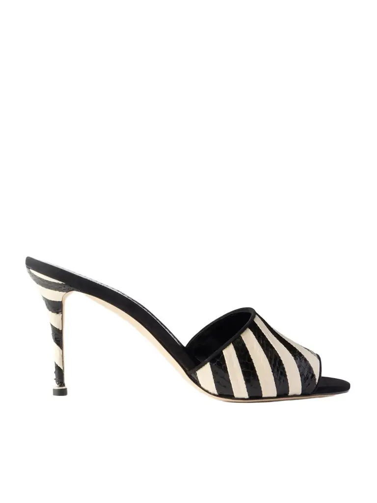 Manolo Blahnik Larache 90 Striped Elaphe Mules