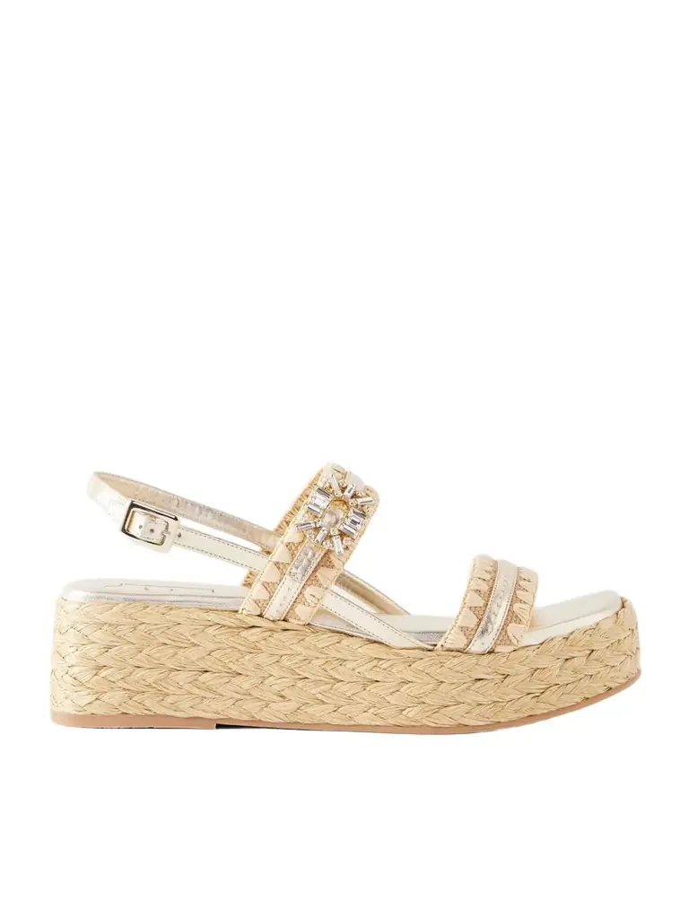 Roger Vivier Summer Embellished Metallic Leather-trimmed Woven Raffia Platform Sandals