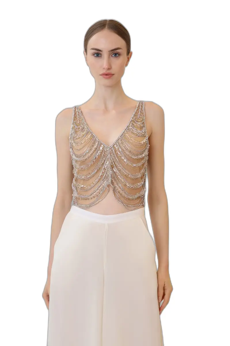 LAPOINTE Draped Crystal Embroidery V Neck Tank